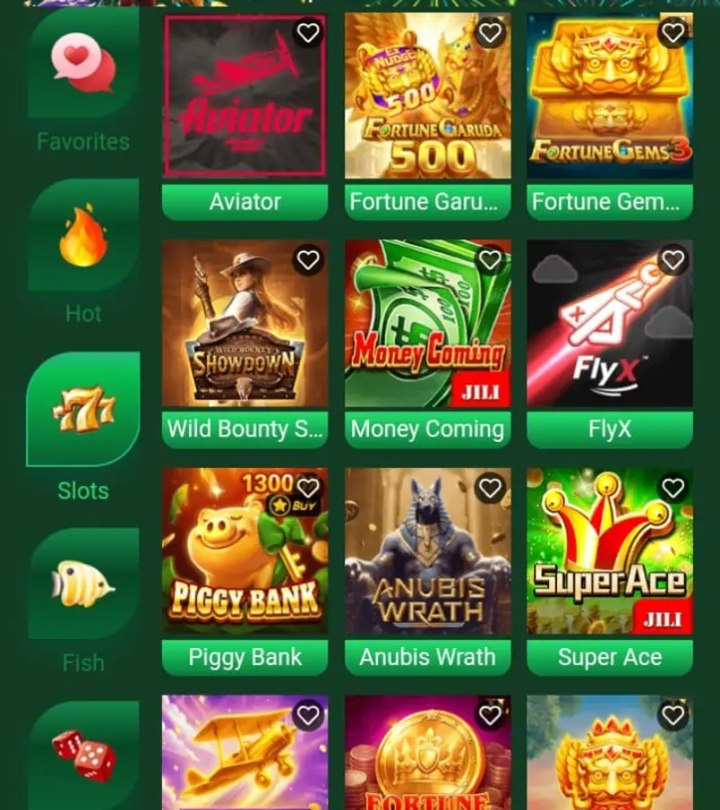 PK11 Game slot games section with available gaming titles
