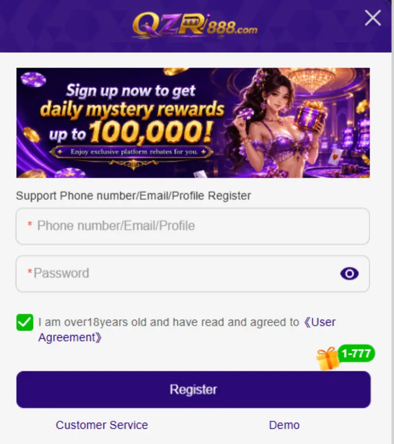 QZR888 Game registration screen for new users