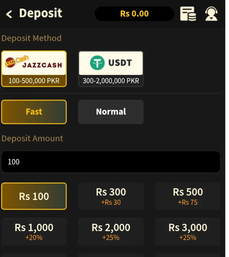 Tojays Bet deposit screen showing account funding options on Android