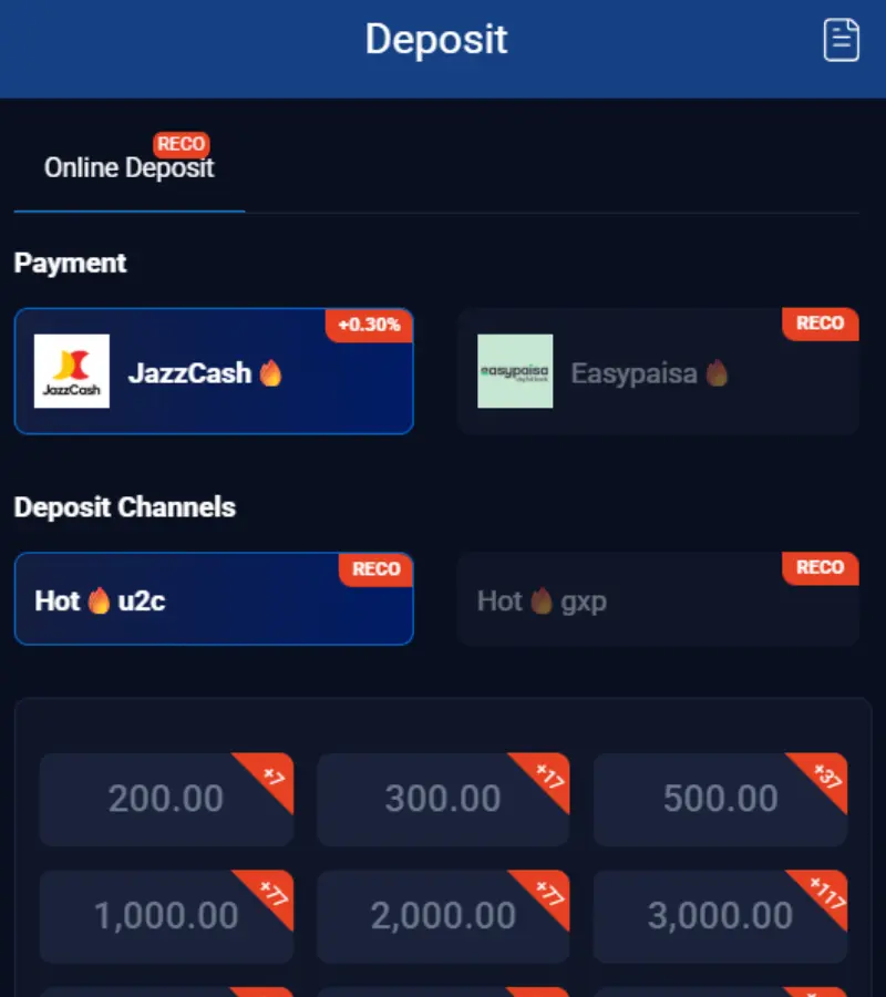 6NNN Game deposit screen showing available payment options