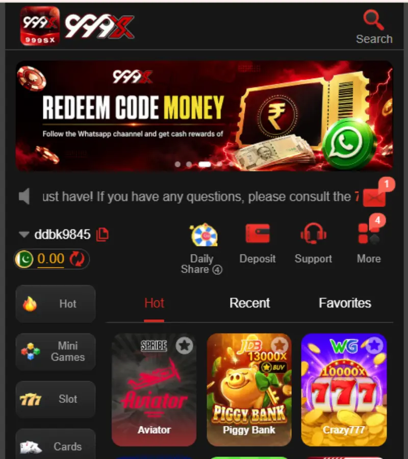 999SX Game main dashboard on Android