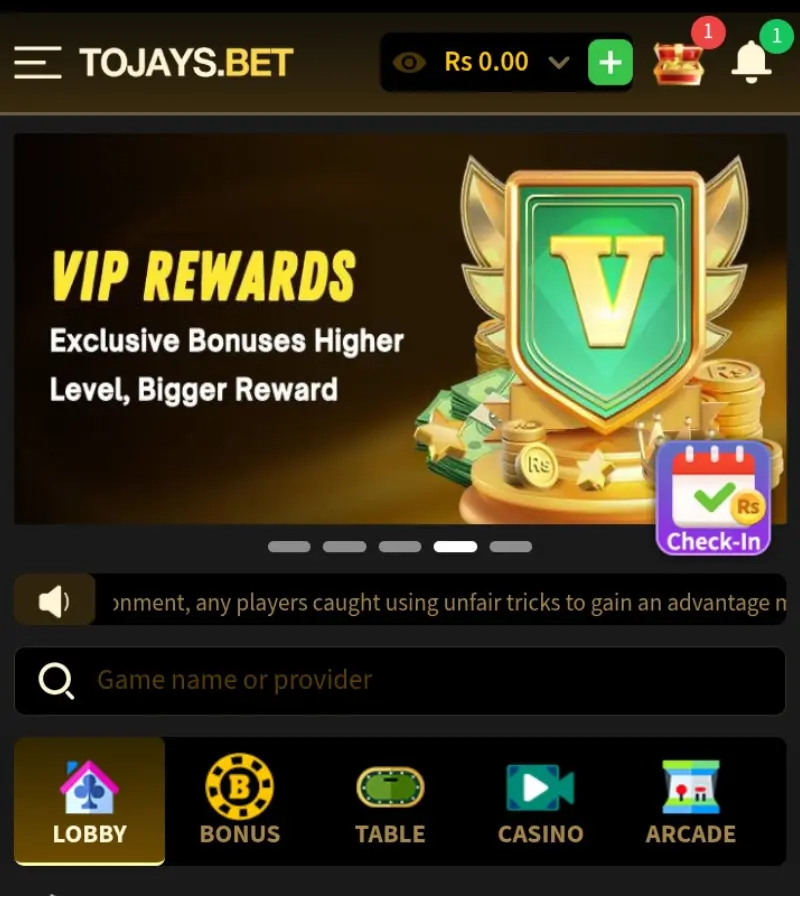 Tojays Bet APK home screen showing game categories and popular games