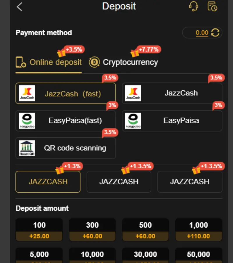PKR999 deposit screen showing available payment options
