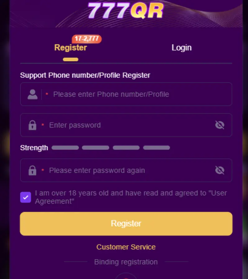 777QR Game registration screen for creating a new account