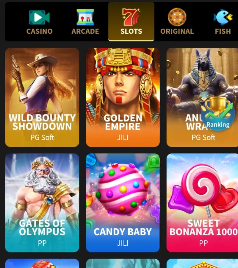 Tojays Bet slot games screen showing available casino game titles