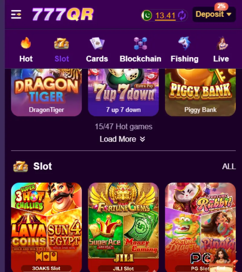 777QR Game APK main dashboard showing games and navigation