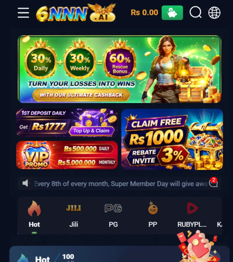 6NNN Game APK main dashboard showing games and navigation