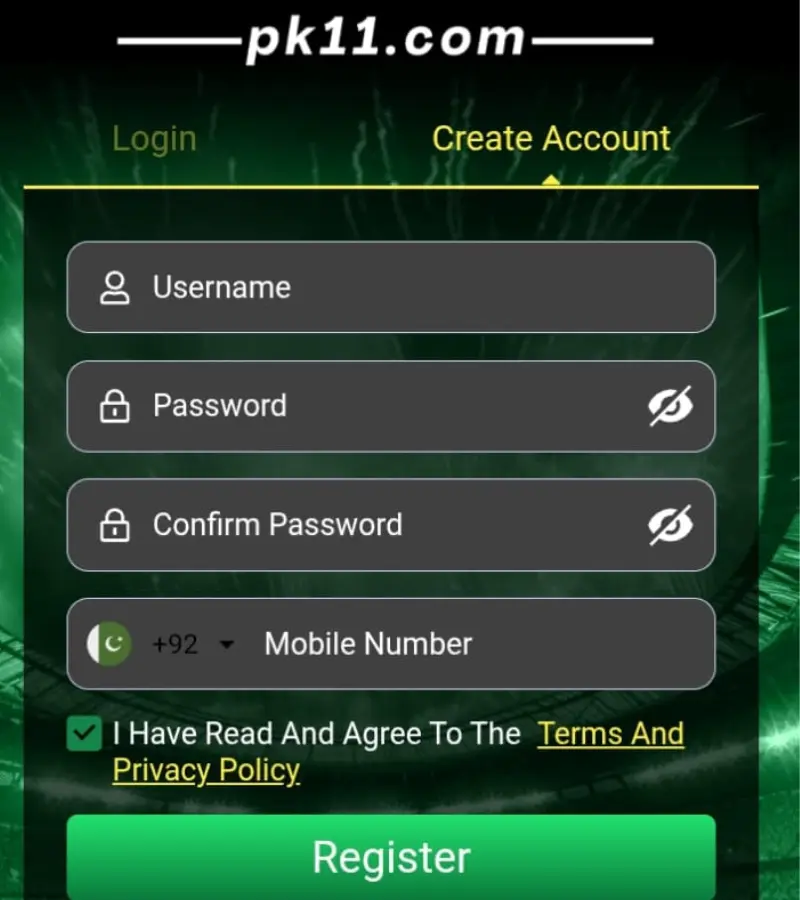PK11 Game registration screen for creating a new account