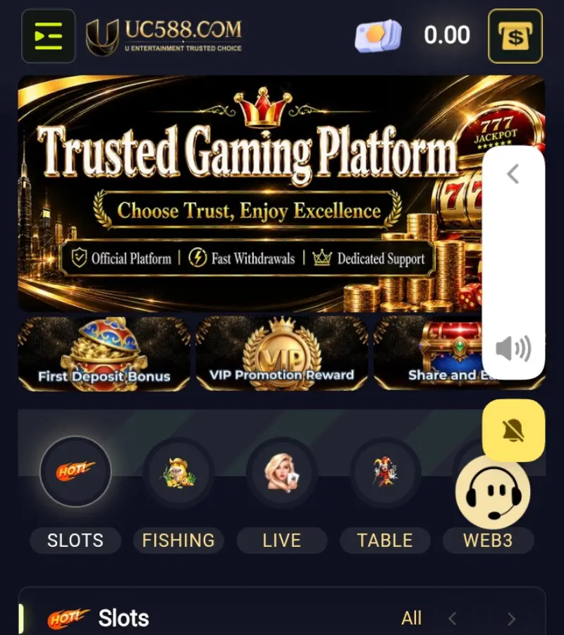 UC588 APK main dashboard showing home screen and game categories