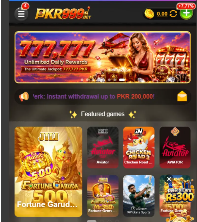 PKR999 APK main dashboard showing featured games and categories