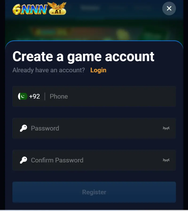 6NNN Game registration screen for creating a new account