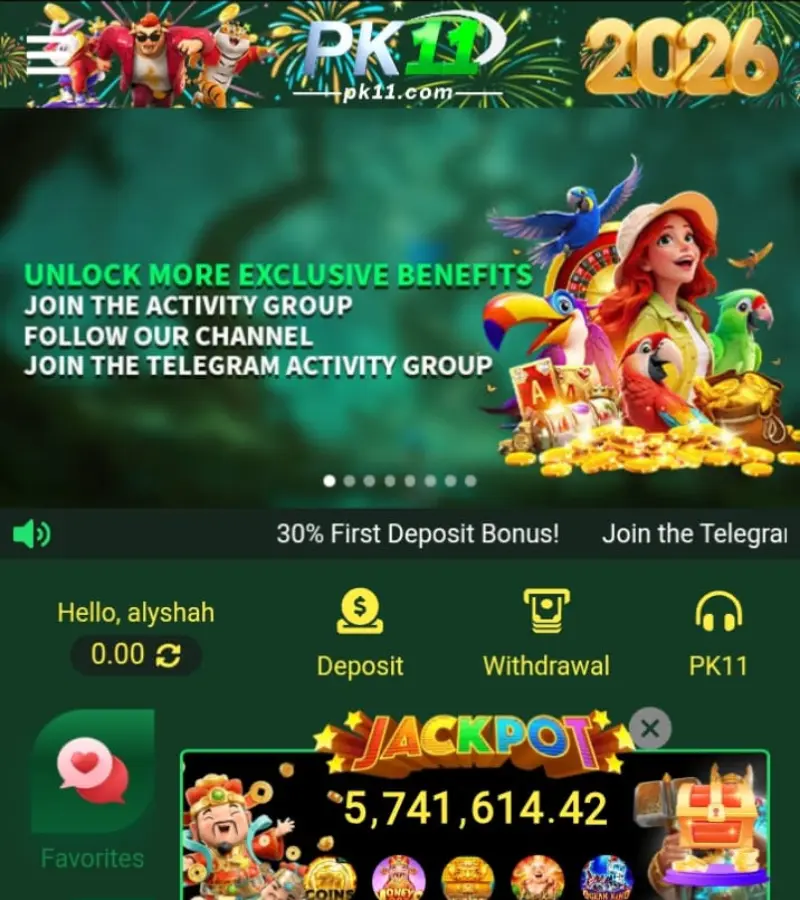 PK11 Game APK main dashboard with games and account options