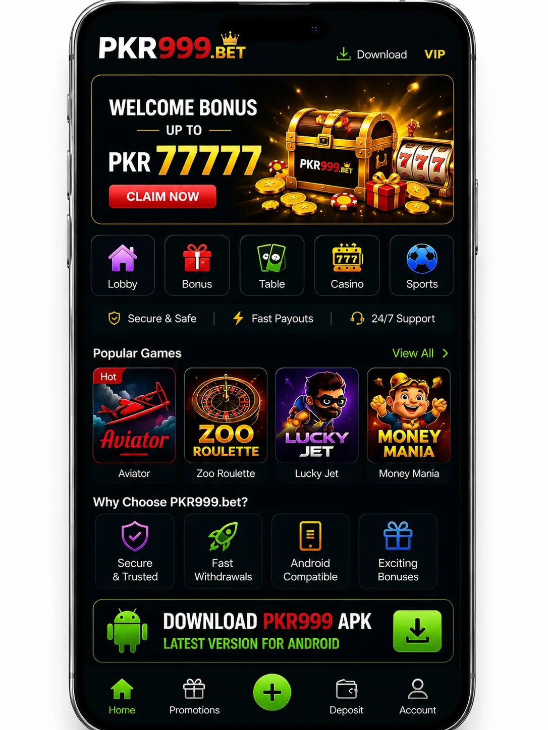 PKR999 APK for Android shown in smartphone mockup