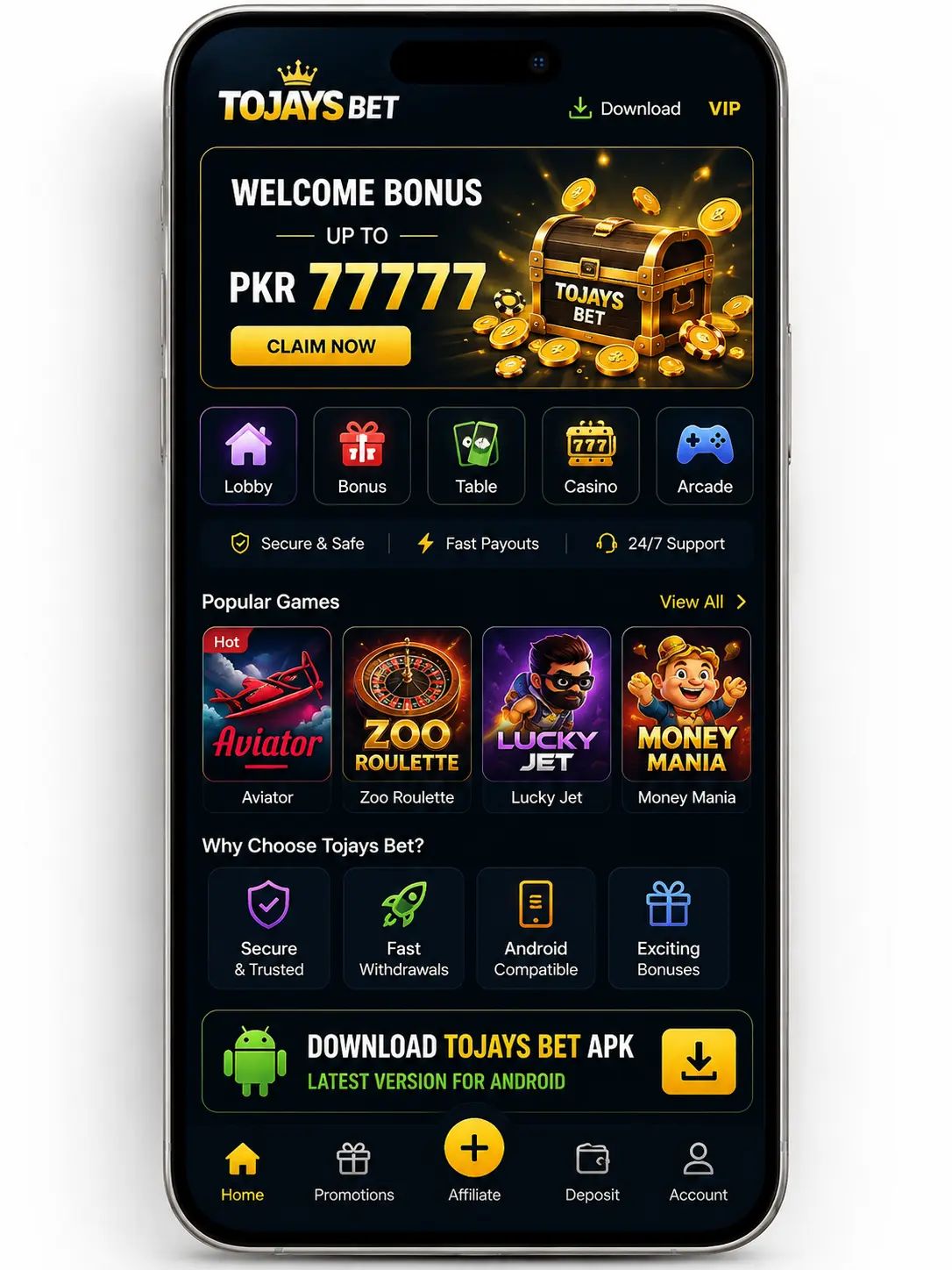 Tojays Bet APK download for Android smartphone mockup