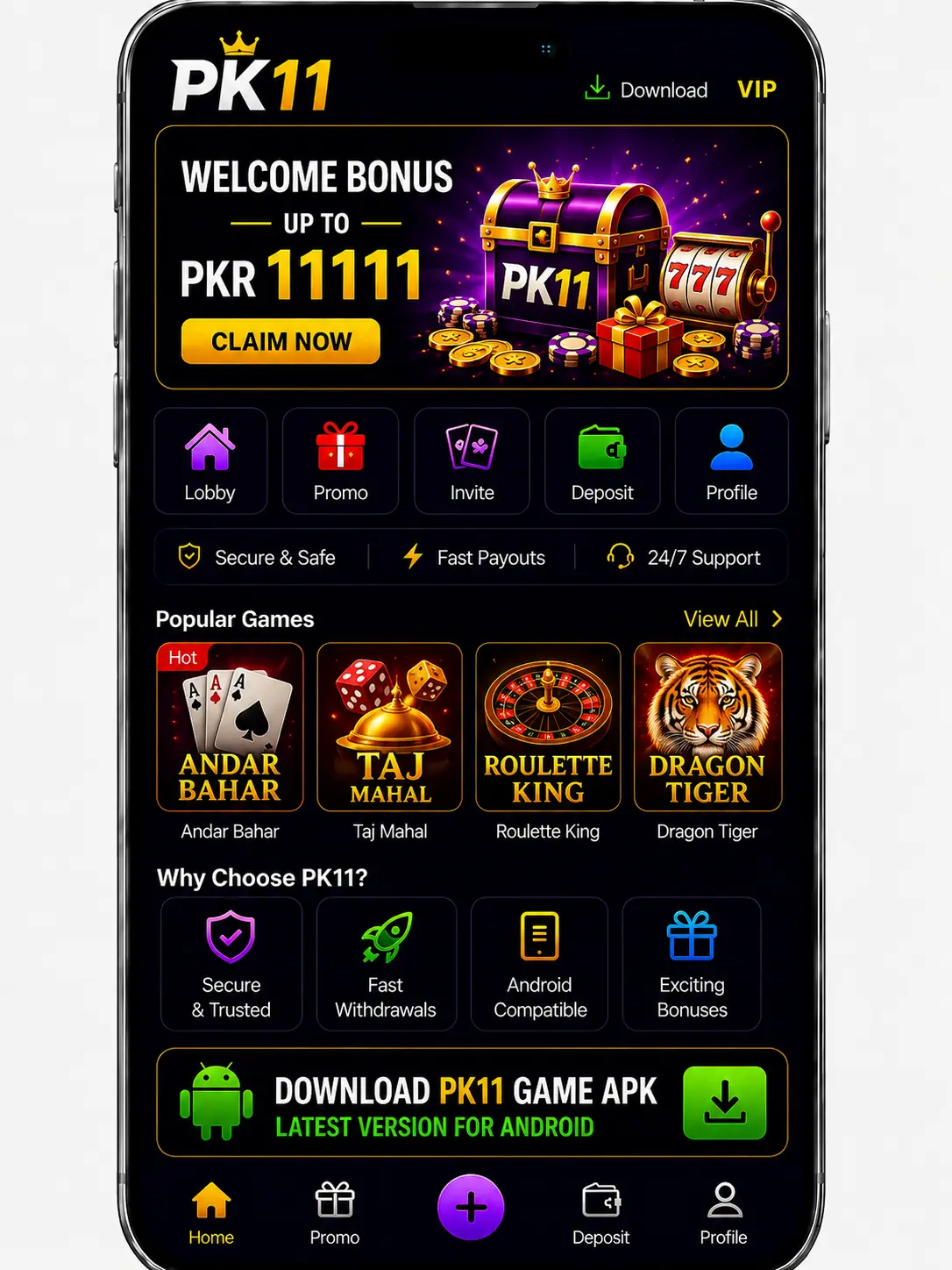 PK11 Game APK for Android with game categories and app features