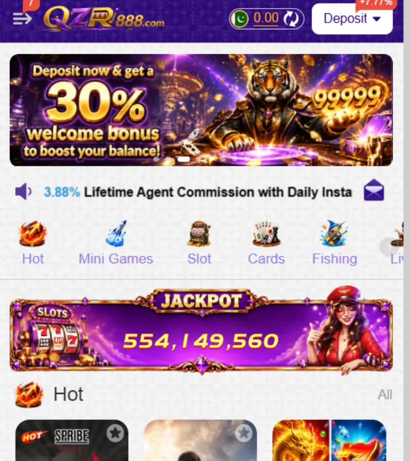 QZR888 Game APK main dashboard on Android